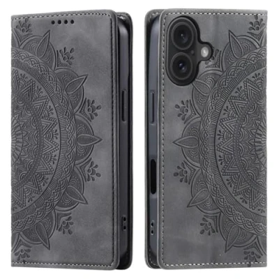 Abbildung von CoverKingz Handyhülle für iPhone 16 Plus Handytasche mit Kartenfach Phone Case Cover Handy Hülle klappbar Motiv Mandala Grau