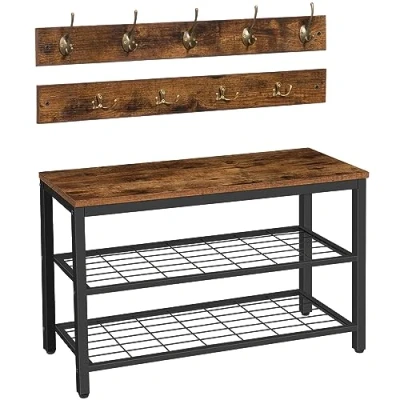 Abbildung von HOOBRO Garderobe Schuhregal Set, Schuhbank mit Sitzfläche, Garderobenständer, Wandgarderobe 9 Haken, Flurgarderobe, für Flur, Eingangsbereich, Industrielles, Dunkelbraun Schwarz EBF07MT01