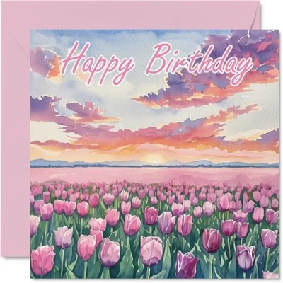 Abbildung von Stuff4 Geburtstagskarten für Frauen und Männer Aquarell Tulpen Happy Birthday Karte Mama, Vater, Bruder, Schwester, Onkel, Tante, Cousin, Großvater, Nanny, Freund, 145 mm x