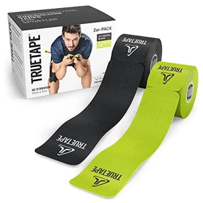Abbildung von TRUETAPE® Kinesiotape PRO Precut DUO Pack 2 x 20 vorgeschnittene Streifen (25 cm 5 cm) Wasserfeste &amp; Elastische Kinesiotapes Physiotape mit starker Klebekraft für den Sport Schwarz Lime