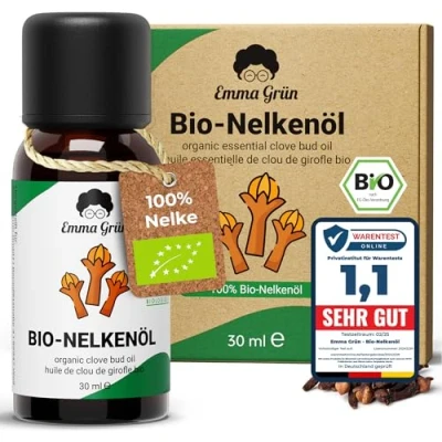 Abbildung von Emma Grün Duftöl Ätherisches Bio Nelkenöl 30 ml, naturrein &amp; hochdosiert (Set, Je nach Auswahl: 1x, 2x oder 5x ml), Höchste Zertifizierung als Lebensmittel, ohne Zusätze