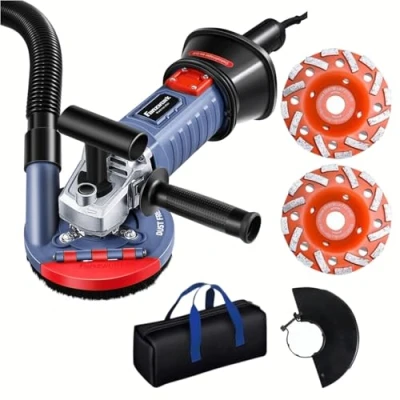 Abbildung von FANZWORK 1500W Betonschleifer Betonfräse Set, Drehzahlregelbar, inkl. Premium 125mm Diamantschleiftopf, Absaughaube, T Förmiger Griff (Mit 2x125mm Schleiftöpfe)