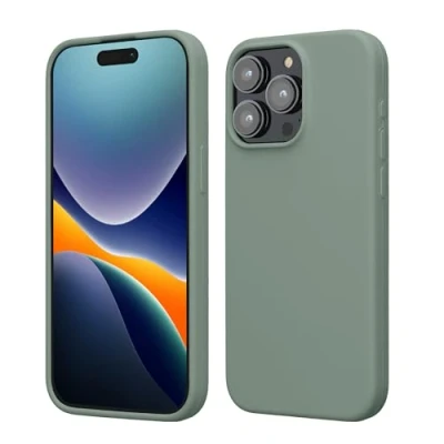 Abbildung von kwmobile Hülle für das iPhone 15 Pro Max Silikon Handy Case stoßfeste Handyhülle mit weicher Oberfläche Rainwashed Grün