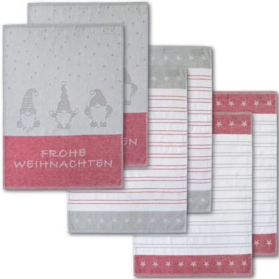 Abbildung von Dyckhoff Geschirrtuch &quot;Wichtel, mit Schriftzug Frohe Weihnachten, Streifen und Sternen&quot;, (Set, 6 tlg.), 3 verschiedenen Motiven, Maße je Tuch ca. 50x70 cm, 100% Baumwolle