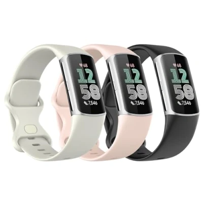 Abbildung von Astorgos 3 Stück Armband Kompatibel mit Fitbit Charge 6/Fitbit 5 für Damen Herren, Weiches TPE Uhrenarmband Ersatzarmband, Schwarz/Mond Weiß/Sand Rosa