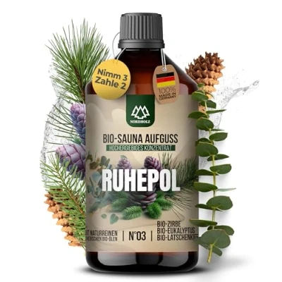 Abbildung von NORDHOLZ® Saunaaufguss BIO [NATURREINE ÄTHERISCHE ÖLE] Sauna Aufgussmittel #3 Ruhepol 250ml Zirbe, Eukalyptus, Latschenkiefer Aufguss