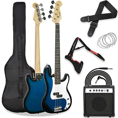 Abbildung von 3rd Avenue 4/4 E Bassgitarren Set in Normalgröße für Anfänger, mit 15 W Verstärker, Tasche, Kabel, Gurt, Ständer und Ersatzsaiten Grün