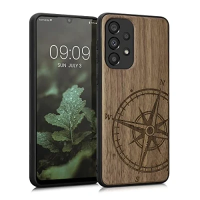 Abbildung von kwmobile Hülle kompatibel mit Samsung Galaxy A33 5G Holz Case Handy Cover TPU Handyhülle in Dunkelbraun Kompass Vintage