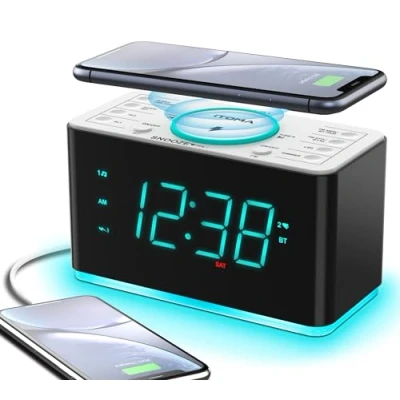 Abbildung von iTOMA Radiowecker, 15 Watt kabellose Ladegerät Bluetooth, USB Anschluss, Dual Alarm, Snooze, Dimmer, 1,4 Zoll Display Cyan LED Nachtlicht 207