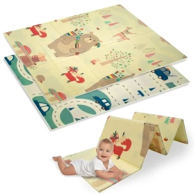 Abbildung von Humbi Spielmatte Baby, Krabbelmatte, XPE Schaumstoff, Doppelseitig, Flatbar, Wasserdicht, Extra Größe, Teppich Babymatte, rutschfest, 120x180 Teddys, Füchse und Autos