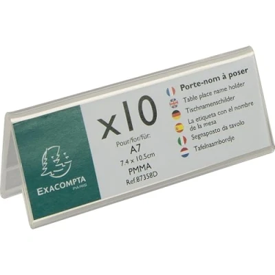 Abbildung von Exacompta 87358D 10er Pack Tisch Namensschilder Querformat DIN A7 gefaltet aus hochwertigem Acryl beidseitig verwendbar UV beständig 10,5x4,0 cm Tischaufsteller Tischschild transparent