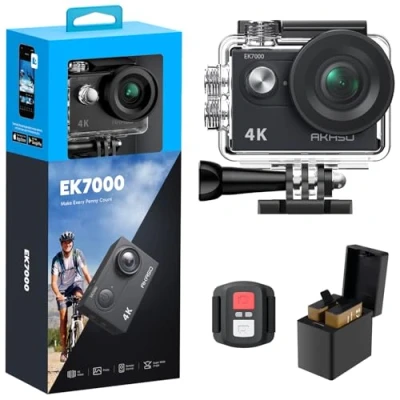 Abbildung von AKASO Action Cam,4K30FPS 20MP WiFi Unterwasserkamera 170Ultra Weitwinkel Full HD Kamera mit 2 Zoll LCD Bildschirm 2.4G Fernbedienung und 2x1050mAh Akkus EK7000 Schwarz