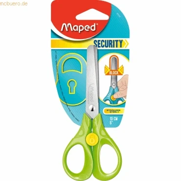 Abbildung von Maped Schul und Bastel Schere SECURUTY 13 cm, abgerundete Spitze, ergonomische Griffe blau, pink, grün