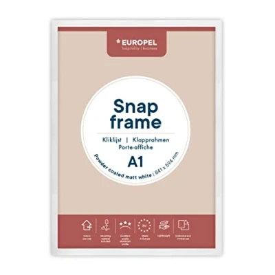 Abbildung von Europel leichte Klapprahmen DIN A1 mattschwarz pulverbeschichtet, Easy Click System, Profil 25x11 mm, eloxierte Aluminium und blendfreie Schutzfolie, Außenmaß 625x872 grau Polystyrol Rückseite