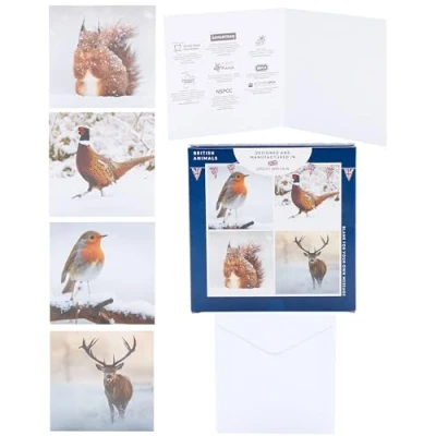 Abbildung von UK Greetings Weihnachtskarten, Motiv: britische Wintertiere, verschiedene Wohltätigkeitsorganisationen, in 4 Designs, 12 Stück