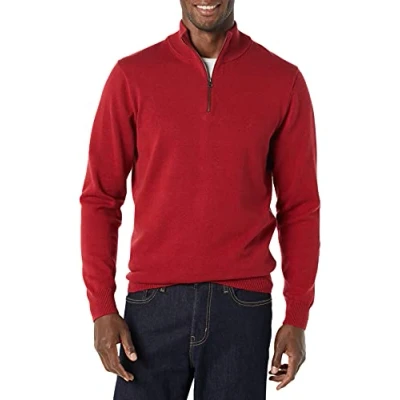 Abbildung von Amazon Essentials Herren Pullover mit Viertelreißverschluss aus 100% Baumwolle, Rot, XL