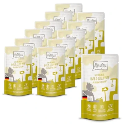 Abbildung von MjAMjAM Premium Nassfutter für Katzen Quetschie DUO von zarter Ente &amp; guter Pute an gedämpftem Kürbis, 12er Pack (12 x 125g), getreidefrei mit extra viel Fleisch