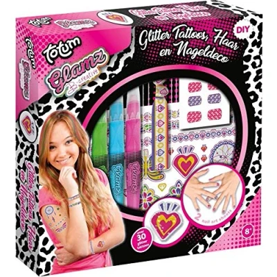 Abbildung von Totum Glamz Kreativset: Glitzertattoo , Haar und Nagelset, 3 verschiedene Haarkreidefarben, Ibiza Elastikband, 50 Glitzertattoos, 48 Nagelsticker, 50020