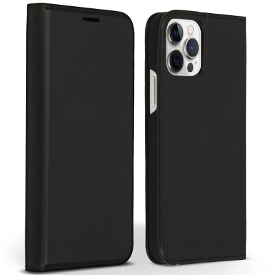 Abbildung von Apple iPhone 12 Pro Hülle Echtleder Accezz Klapphülle Handyhülle Schwarz