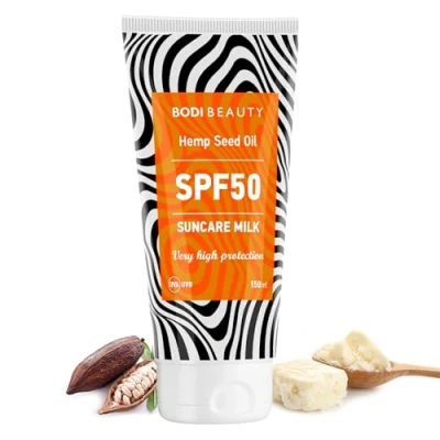Abbildung von BODI BEAUTY Sonnenschutzmilch sonnencreme für Gesicht und Körper SPF mit Sheabutter, Vitamin A, E, Kakaobutter, sonnenschutz LSF Herren Damen, skincare 150ml (SPF 50)