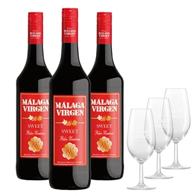 Abbildung von Malaga Virgen Sweet Packung mit 3 Flaschen à 75cl + Weingläser Süßer Likörwein D.O. &quot;Malaga&quot;