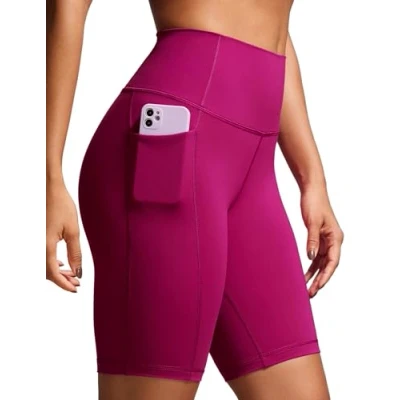 Abbildung von CRZ Yoga Naked Feeling Damen Kurze Leggings High Waist Radlerhose Fitness Sporthose mit Taschen 20cm Magenta Violett 40