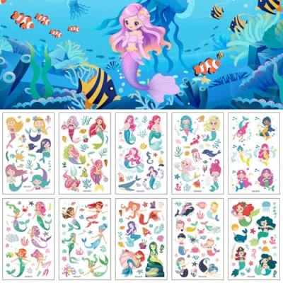 Abbildung von Tattoo Kinder, Temporäre Tattoos für Kinder 10 Blätter, Meerjungfrau Set, Cartoon Kindertattoos, Wasserdichte Sticker Mädchen Jungen Kindergeburtstag Mitgebsel Party