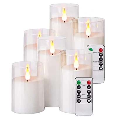 Abbildung von Britesta Kerzen für Weihnachten: 6er Set LED Echtwachskerzen in transparenten Acrylgläsern, 3 Größen (realistische Kerzen, mit Real Flammen Imitation, Fernbedienungen)