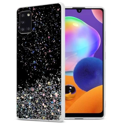 Abbildung von Cadorabo Hülle kompatibel mit Samsung Galaxy A31 Rundumschutz TPU Silikon Case Mädchen Glitzer Strass Design Slim Kratzfest Weiche Gummi Bling Schutzhülle für in Schwarz