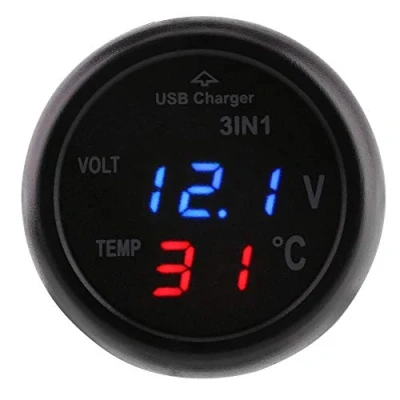 Abbildung von Autothermometer Voltmeter Zigarettenanzünder Mit USB Autoladegerät, 3 Zoll Dual LED Anzeige Digital Thermometer Autoladegerät PKW(Blau Rot)