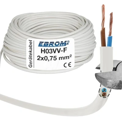 Abbildung von EBROM Kunststoff Schlauchleitung RUND, LED Kabel, Stromkabel, Leitung, Gerätekabel H03VV F 2x0,75 mm² Farbe: weiß, viele Längen in 5 m Schritten bis 250 Meter mm2, Ihre Kabellänge: