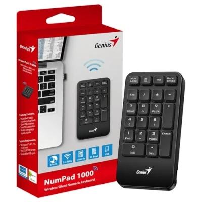 Abbildung von Genius NumPad 1000, kabellose, leise Zifferntastatur, 2,4 GHz, USB Empfänger, Plug and Play, schlankes und praktisches Design