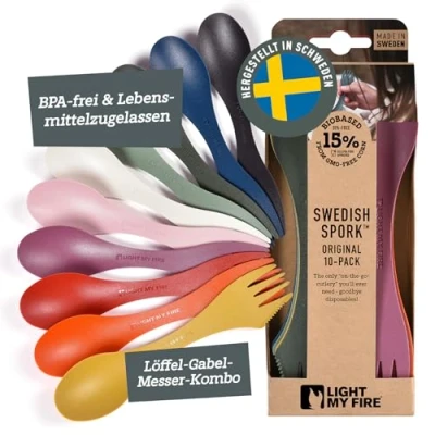 Abbildung von Light My Fire Spork Original Göffel 10 Pack 3 in 1 Campingbesteck Löffel, Gabel, Messer Reisebesteck BPA Frei &amp; Bio Basierter Kunststoff Ergonomisches Camping Besteck to go, Made Sweden
