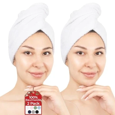 Abbildung von Hammetex 100% Baumwolle Haartücher Damen, 2 Stück Flaumig Schnell Saugfähig Schnelltrocknendes Haarturban Haarhandtücher mit Knopf, Weiß