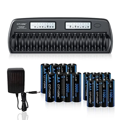 Abbildung von CITYORK 16 Bay LCD Smart AA/AAA Ladegerät mit 8 AA 3000 mAh Akkus und 1100 (8X + 8X AAA Akku+Ladegerät)