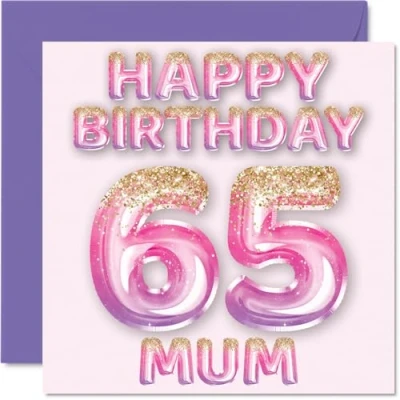 Abbildung von Stuff4 Geburtstagskarte zum 65. Geburtstag für Mama rosa &amp; lila Glitzerballons Happy Birthday Karten 65 Jahre alte Mutter, Mutter vom Sohn, Tochter, 145 mm x
