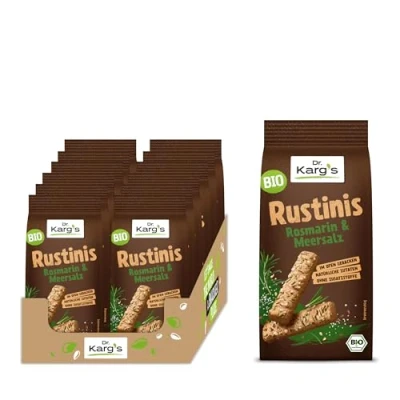 Abbildung von Dr. Karg’s BIO Rustinis Vollkorn Knabberei Rosmarin &amp; Meersalz knusprig, vegan, Knuspergebäck aus Dinkelvollkorn, würzigem Rosmarin, ofengebacken, ohne Zusatzstoffe, 12x125g