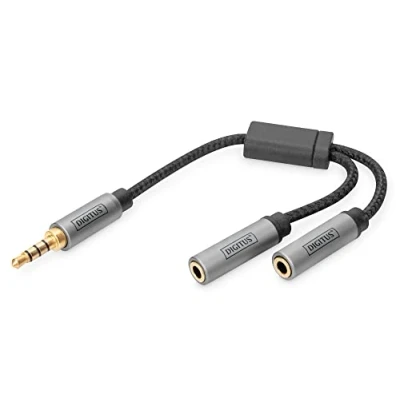 Abbildung von DIGITUS Stereo Headset Adapter 2x 3,5mm Buchse auf Klinke Mikrofon Kopfhörer vergoldete Kontakte 0,2m schwarz für Smartphones, Computer, Laptop, Game Controller