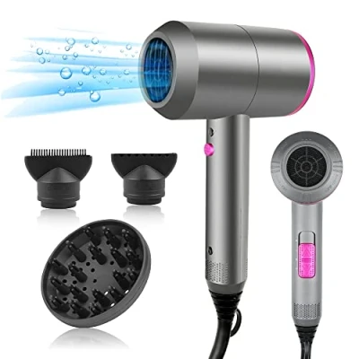 Abbildung von HappyGoo Föhn Ionen Haartrockner AC Motor Professioneller Fön mit 3 Hitze Einstellungen, Kaltlufttaste 1 Diffusor &amp; 2 Konzentratoren für viele Frisuren Grau