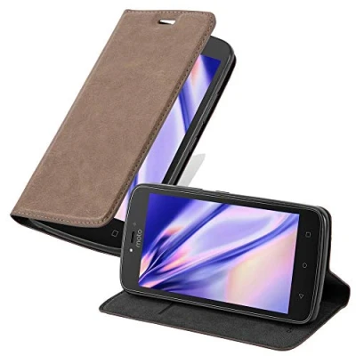 Abbildung von Cadorabo Hülle kompatibel mit Motorola Moto C aus Premium Kunst Leder Flip Klappbare Stoßfeste Magnetische [Standfunktion] [Kartenfächern] Cover für Tasche in Braun
