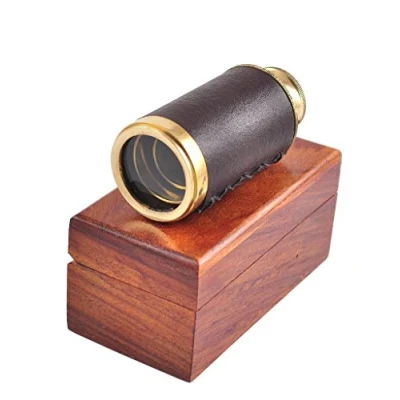 Abbildung von Nautical Replica Hub Antikes Marine Taschenteleskop aus Messing gebunden in Leder, 15,2 cm mit Holzbox