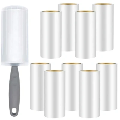Abbildung von Omtofo 9 Rollen 540 Blatt Fusselrolle mit 1 Staubschutzhüllen + Abroller, Extra Klebrig Lint Roller, Tierhaare, Fusselroller für Kleidung, Haare, Sofa, Bett, Katzenhaare, Hundehaare