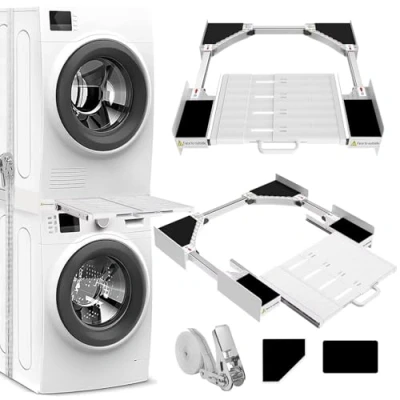 Abbildung von NIUXX Universal Zwischeneinbaurahmen Set für Waschmaschine und Trockner, Waschmaschinen Verbindungsrahmen Kit mit Regalbrett, Stapelbausatz Ratschenseil, Zwischeneinbausatz Waschküche