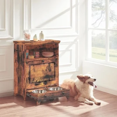 Abbildung von roomfitters Haustier Futterschrank mit Lagerschrank, Tierfutterschrank, Hundeschrank 2 Edelstahlnäpfen, Katzenfutterstation Möbel, Spielzeugaufbewahrung für Hunde, Beistellschrank, Bois