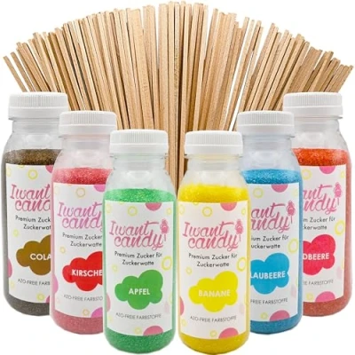 Abbildung von Partyset 4 x 200 Gramm Zuckerwatte Zucker inklusive 30 Stäbe Apfel, Banane, Blaubeere, Erdbeere Natürliche Aromen &amp; Farbstoffe ohne AZO (6x220g + 100 Stäbe)