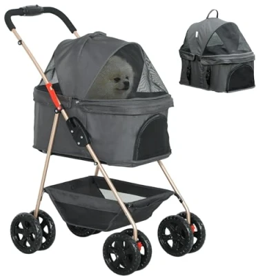 Abbildung von PawHut Hundewagen 3 in 1 Hundebuggy Faltbar Hundebox, klappbar Transporttasche mit Getränkehalter, Hunde Buggy, Katzenwagen 360 Räder Katzenbuggy für Mini unter 4 kg, Grau