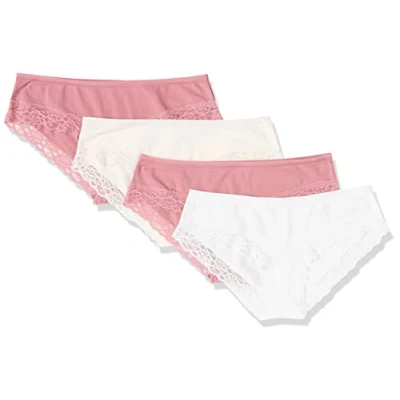 Abbildung von Amazon Essentials Damen Hipster Unterwäsche Baumwolle und Spitze, 4er Pack, Blassrosa/Grellweiß/Mauve, 36