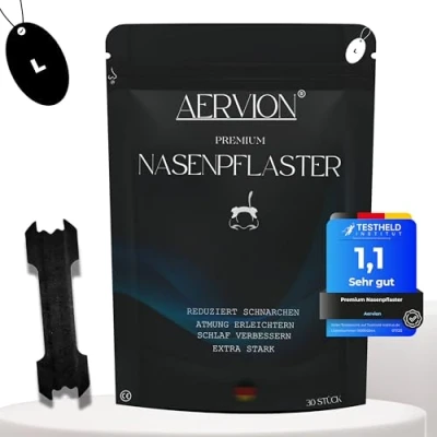 Abbildung von AERVION® Premium Nasenpflaster Schwarz 30 Stück Extra starker Halt für bessere Atmung &amp; Schlaf Gegen Schnarchen verstopfte Nase Hautfreundlich Tragegefühl Nasal Strips (L (66x19mm))