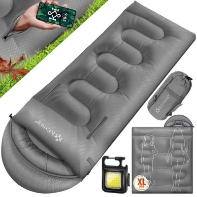Abbildung von KESSER® Schlafsack Outdoor 175cm x 83cm Deckenschlafsack 3 4 Jahreszeiten Camping Sleeping Bag für Kinder Leicht Tragbar Warm &amp; Wasserabweisend inkl. Campinglampe Seitentasche Grau