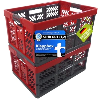 Abbildung von KiNDERWELT 2 x Robuste Profi Klappbox 45 L bis 50 kg Faltbox, Kiste, Korb zur Aufbewahrung, Transport anthrazit/rot